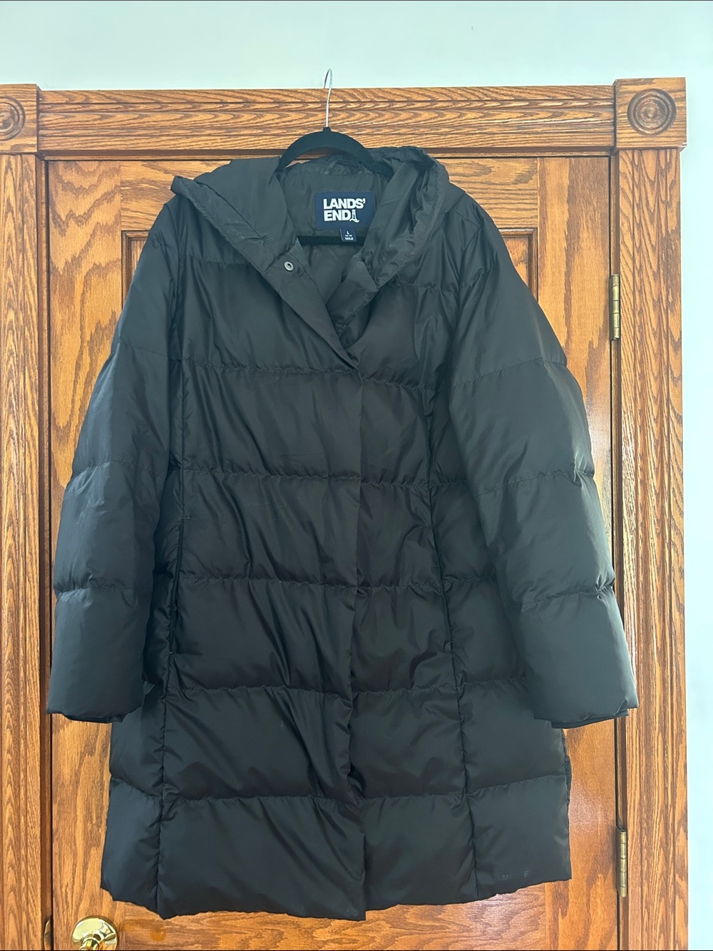 Lands' End Black Women's Long Puffer Coat with Hood, Size L
